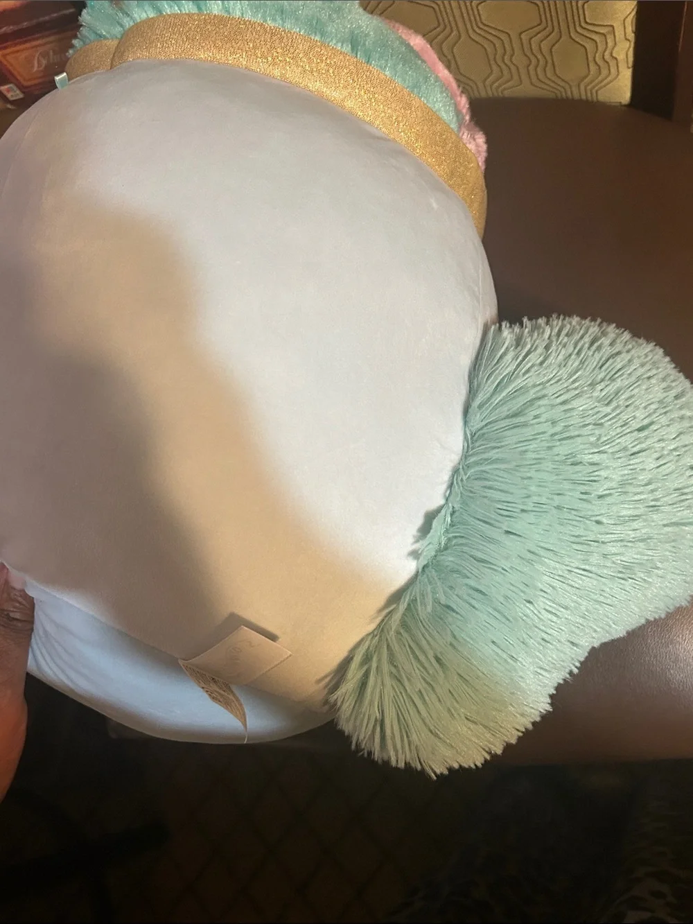 Squishmallows Plush Lyric SquirrPillow with Pink and Teal Pom Poms and Gold Trim